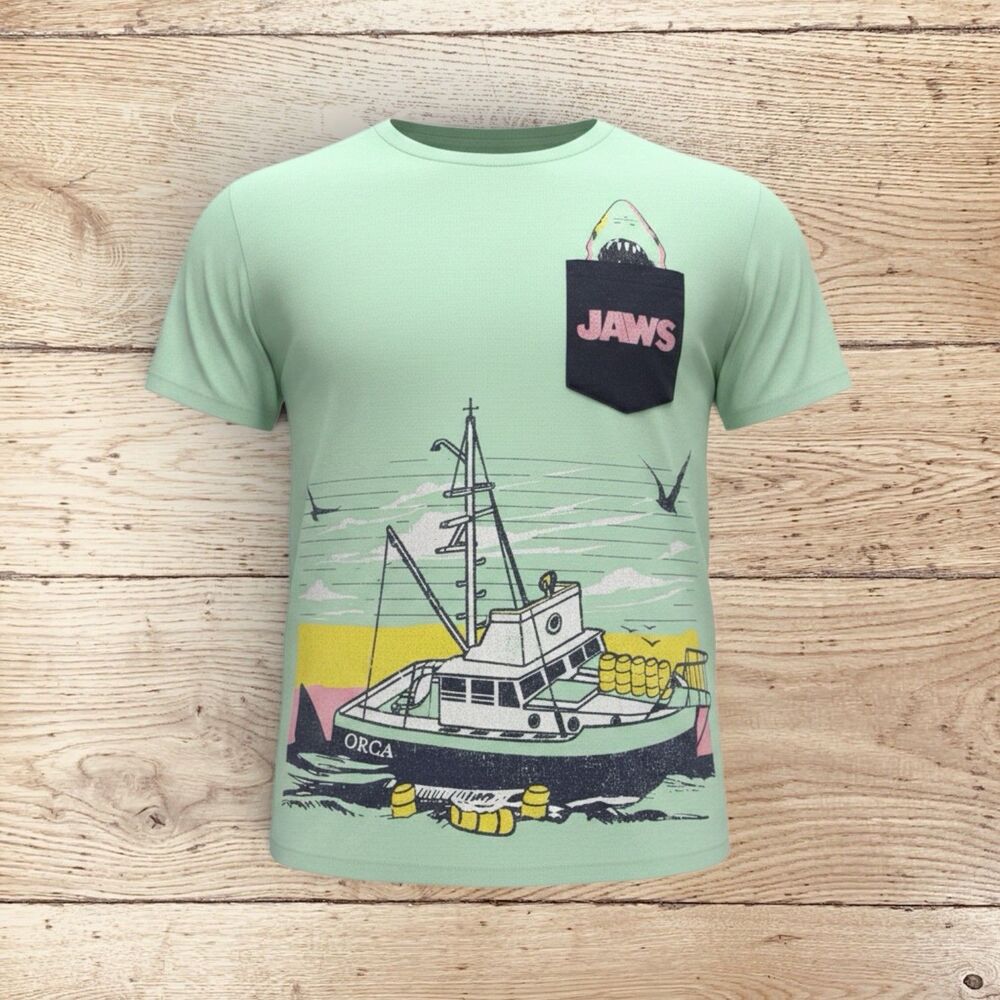 Jaws Orca Boat Graphic T-Shirt Youth Medium Mint Green Pocket Tee